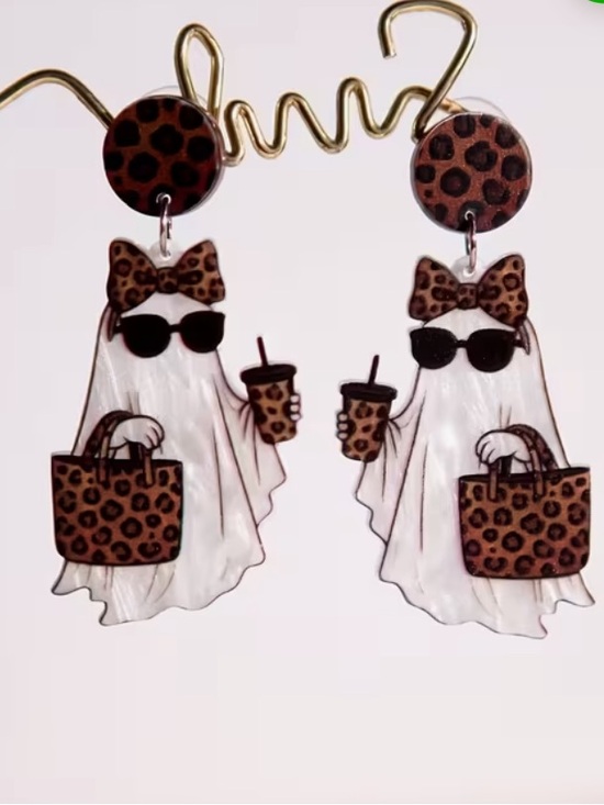 None Jewelry - Halloween Leopard Print Acrylic Ghost Pierced Earrings